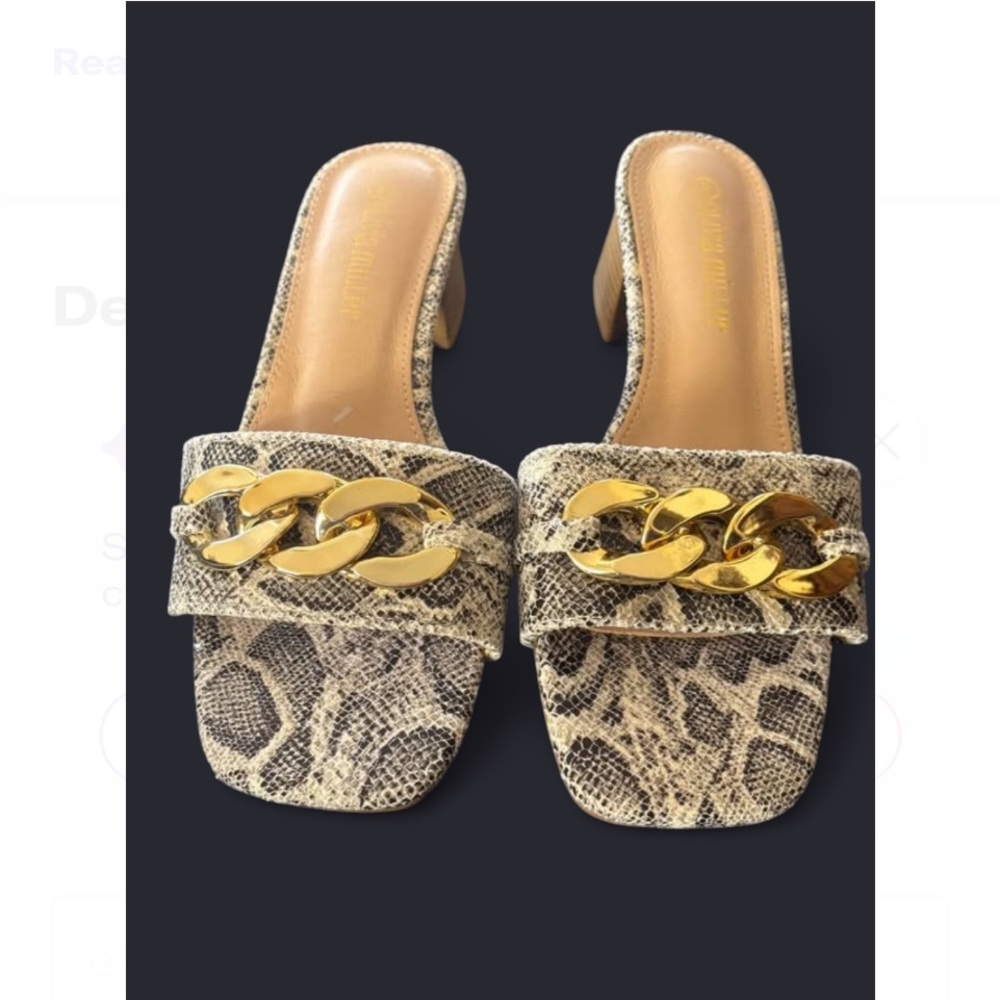 Olivia Miller Gold and Tan Mules with Chain Detail